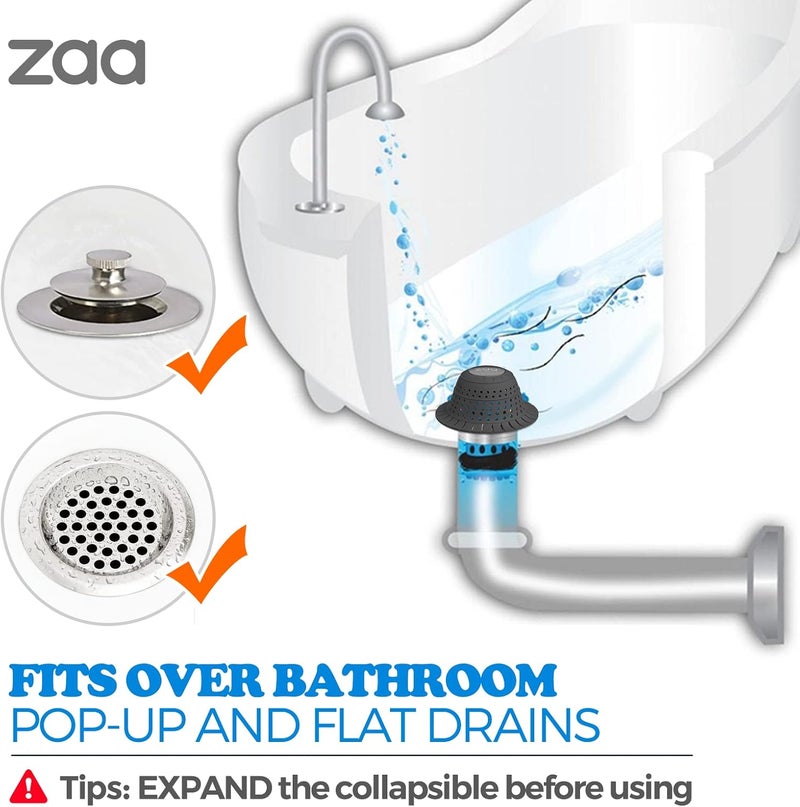 zaa Bathtub Drain Hair Catcher, Premium Silicone Collapsible 2 Pack Drain Protector for Pop-Up & Regular Drains of Shower, Bathtub, Tub, Bathroom, Sink, Black Black - Image 3